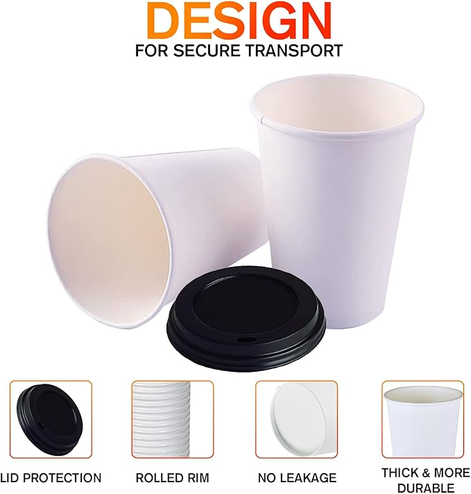 Smygoods White Disposable Paper Coffee Cups with Lids (20 OZ, 50 Count) For Hot Beverages, Tea, Espresso, Cocoa - To Go Drink Containers, Café & Office