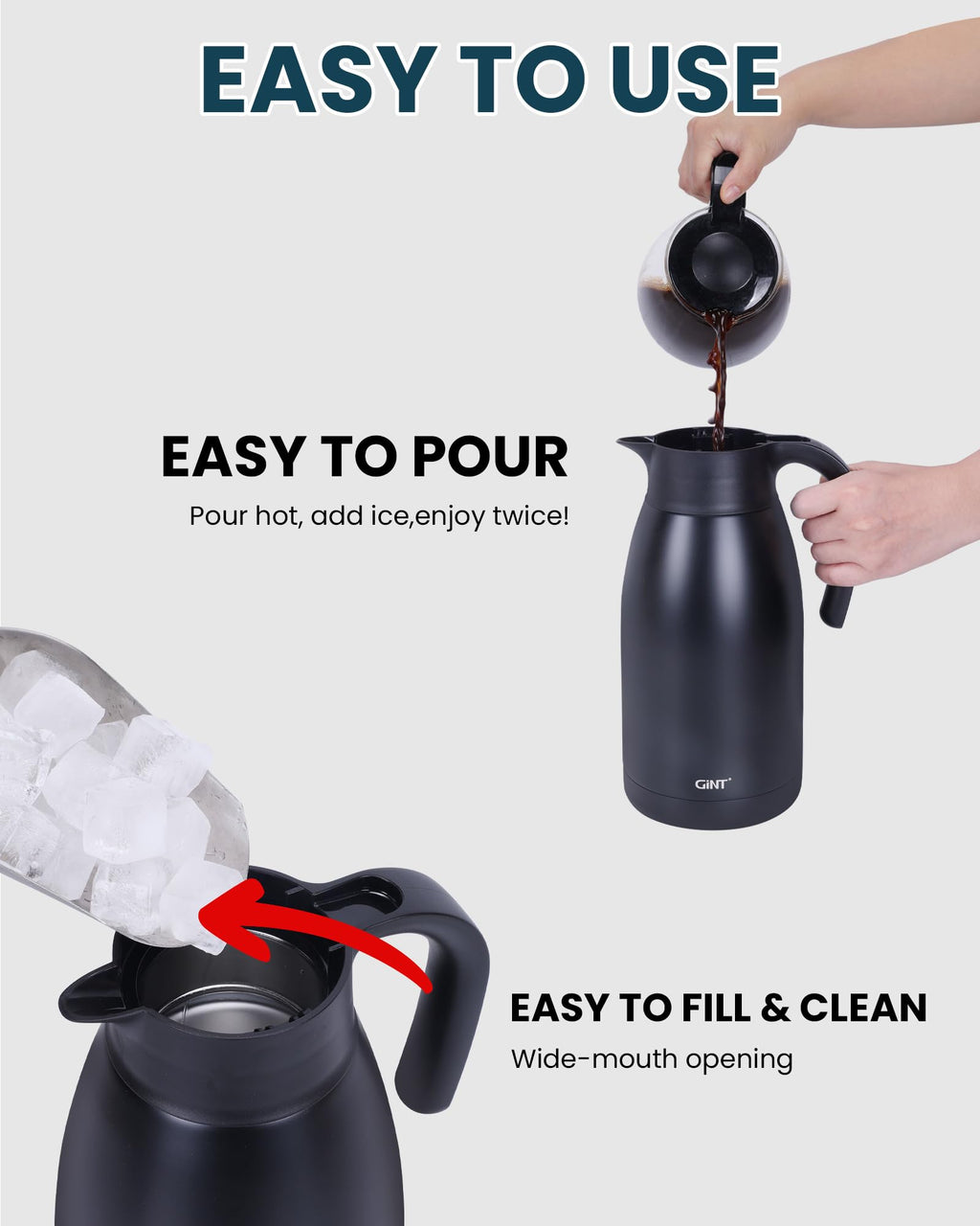 GiNT 1.9L / 64Oz Thermal Coffee Carafe, Insulated Stainless Steel Coffee Carafes for Keeping Hot/Double Walled Vacuum Thermal Carafe (Black)