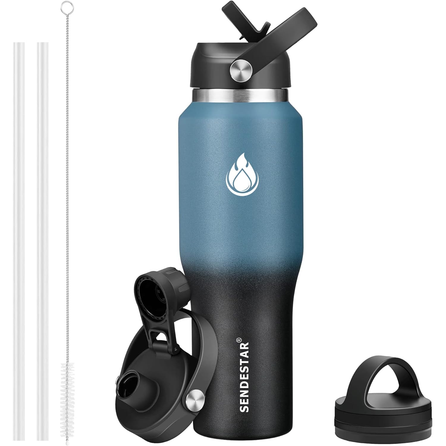 SENDESTAR 40oz Stainless Steel Water Bottle(Cold for 48 Hrs, Hot for 24 Hrs),Double Wall Vacuum Insulated Bottle with Straw Lid, Spout Lid and Flex Cap, Fit in Any Car Cup Holder，Cyanotic B
