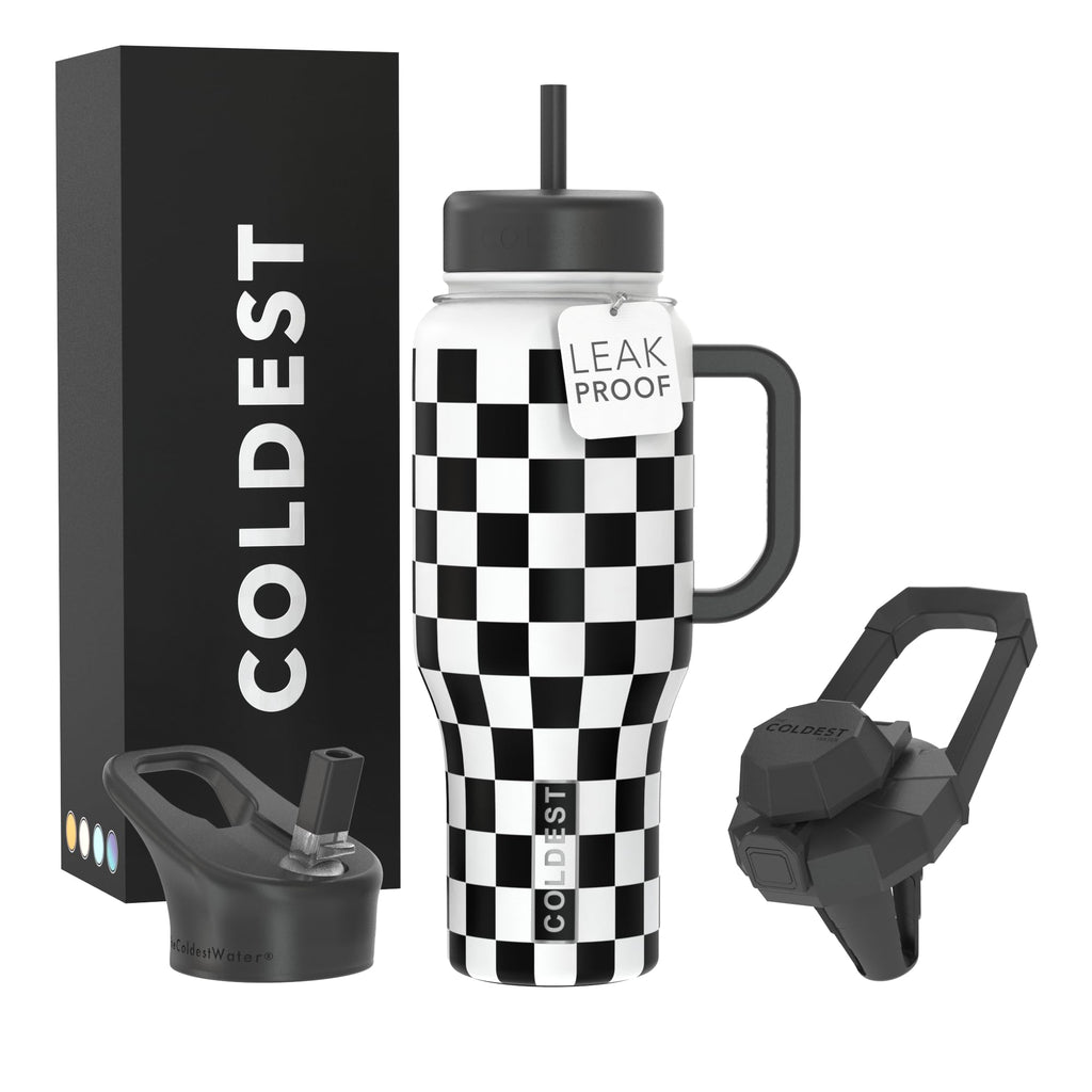 Coldest Tumbler with Handle and Straw, 100% Leak Proof Insulated Tumbler with Lid and Straw (3 Lids), Stainless Steel Tumblers for Women & Men, Cup Holder Friendly, 36 oz (Black Checkers)