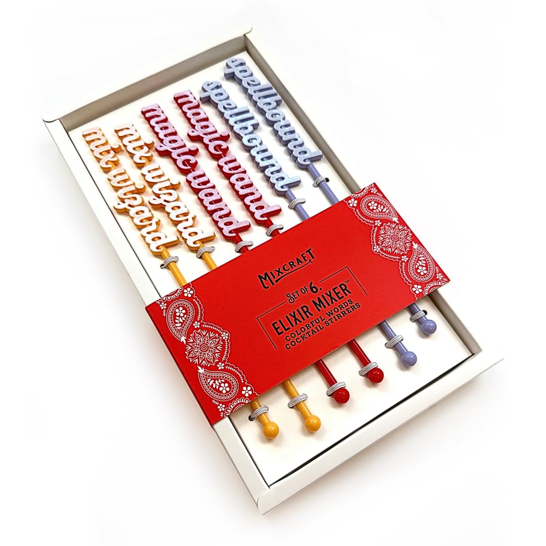 MixCraft Elixir Mixer Cocktail Stirrers, Drink Stirring Swizzle Sticks, Colorful Words, Set of 6
