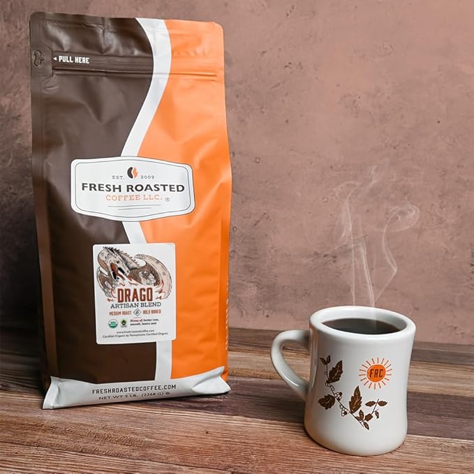 Fresh Roasted Coffee, Organic Drago Café Blend | USDA Organic, Kosher | Medium Roast 5 lb (80 oz) Whole Bean