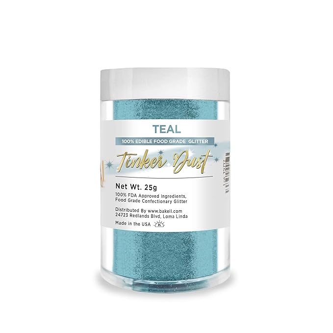 BAKELL Teal Edible Glitter, 25 Grams | TINKER DUST Edible Glitter | KOSHER Certified | 100% Edible Glitter | Cakes, Cupcakes, Cake Pops, Drinks, Dessert Vegan Glitter & Dusts (25g, Teal)
