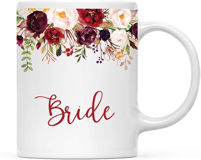 Andaz Press 11oz. Wedding Ceramic Coffee Tea Mug Gift, Fall Autumn Marsala Burgundy Flowers Roses Florals, Bride, 1-Pack, Includes Gift Box