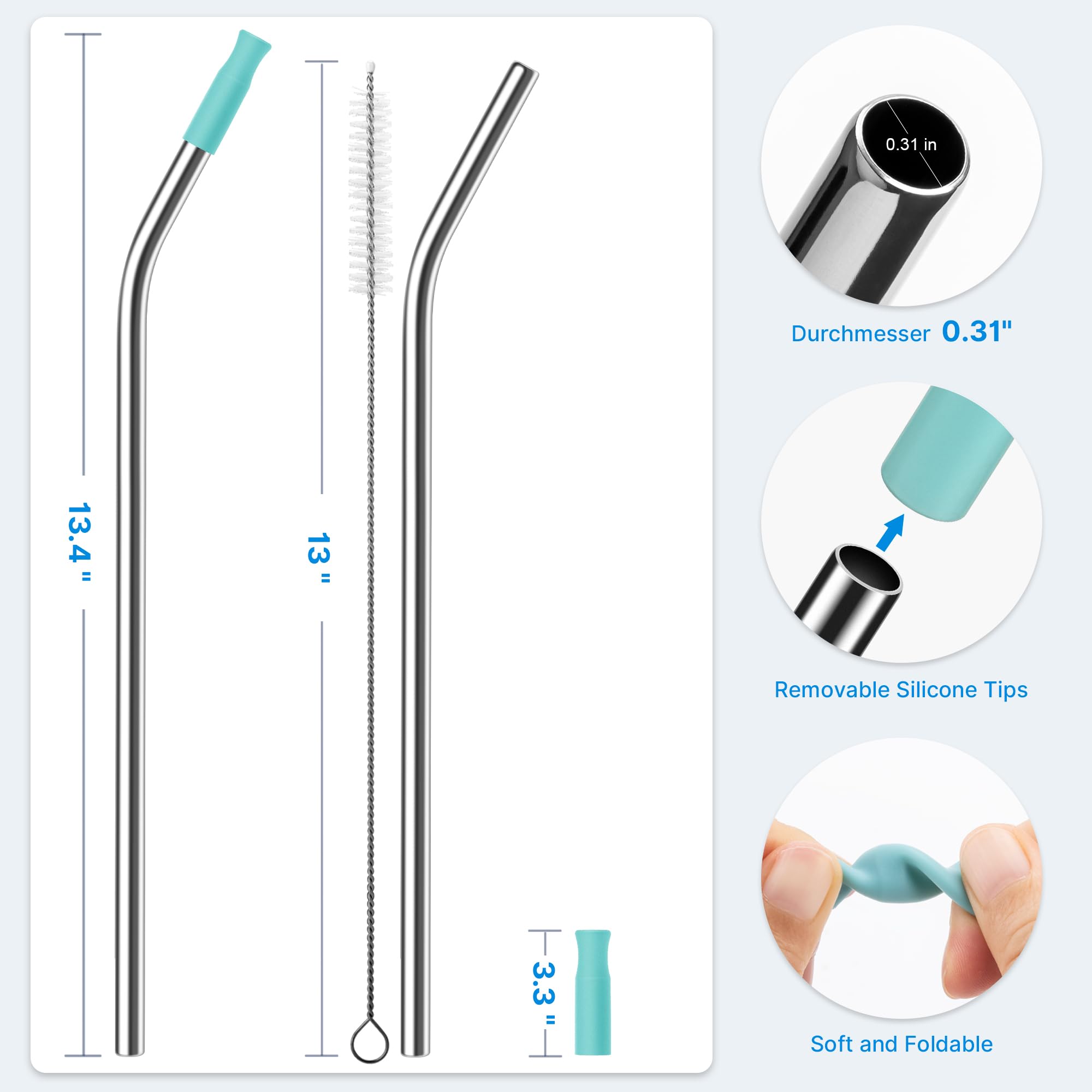 Bluwing 2 Pcs Stainless Steel Straw with Silicone Tips for 40 oz Stanley Tumbler, Repeatable 40 oz Metal Straws for Stanley Adventure Quencher Travel Tumbler Cup, BPA Free（Light Green）