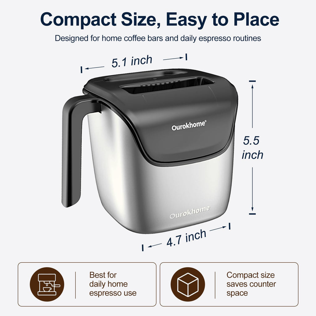Ourokhome Espresso Knock Box with Lid, Compact Coffee Grounds Container for Home Coffee Bar, Removable Knock Bar, 304 Stainless Steel Exterior, Non-Slip Base & Handle, Easy Clean