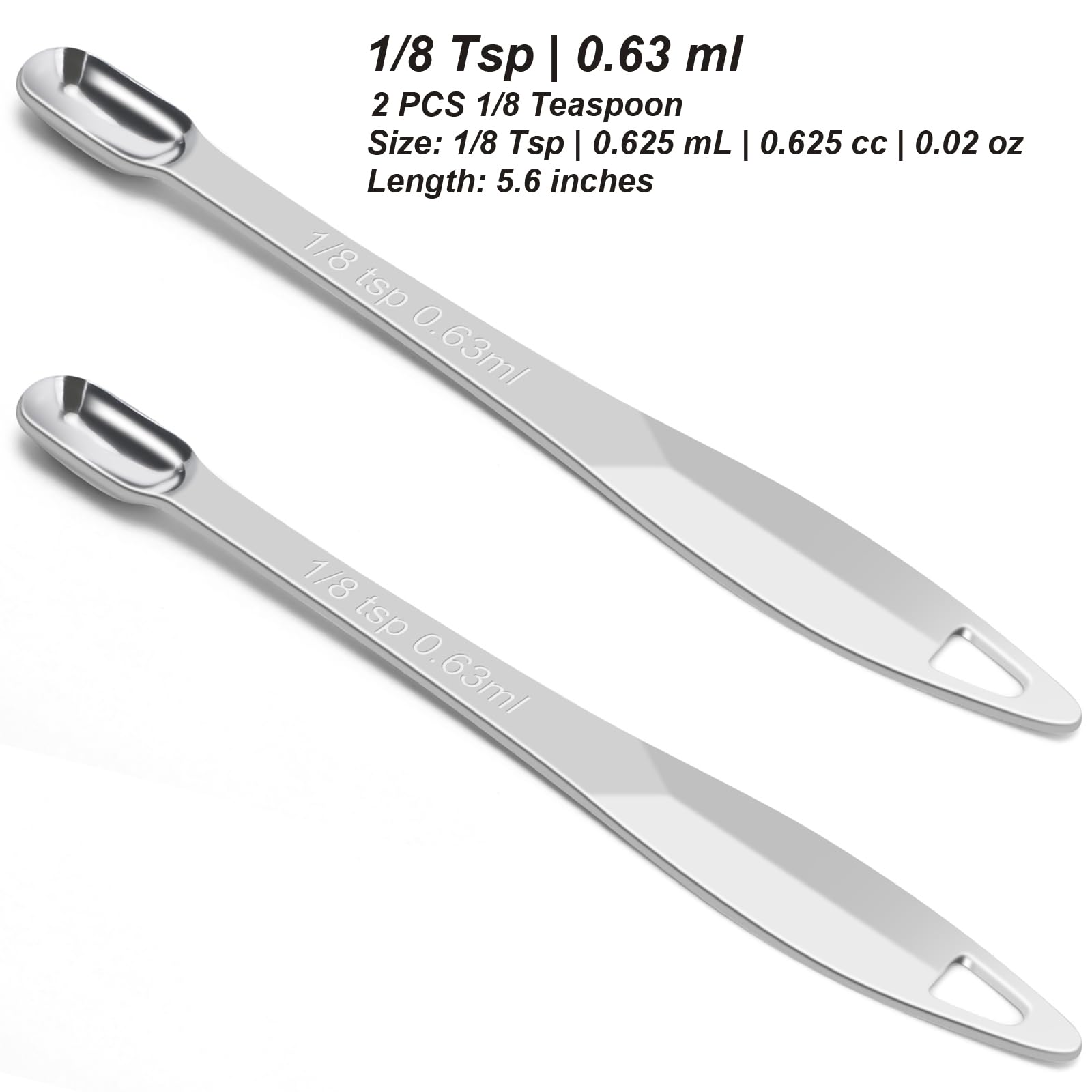 2 Pcs 1/8 Teaspoon (0.63 mL | 1/8 Tsp | 0.63 cc | 1/64 oz) Stainless Steel Single Measuring Spoon, Long Handle Metal Measuring Spoon, Kitchen Gadgets for Cooking & Baking