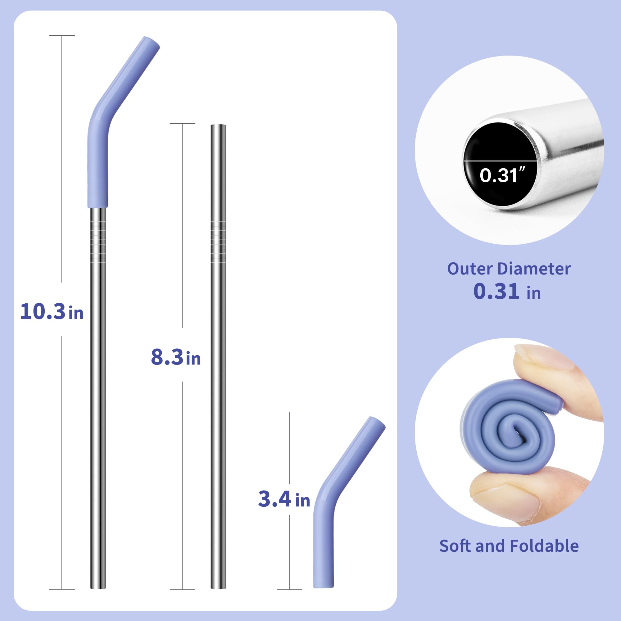 Diumepo 8.5" Metal Straws Reusable for 20 oz Tumbler, 5 Pcs Stainless Steel Drinking Straws for Yeti/RTIC/CIVAGO 20 oz Tumblers, 1 Portable Bag