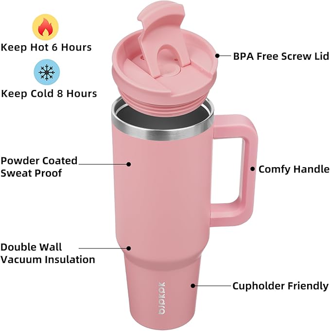 BJPKPK Insulated Tumblers With Handle And Straw 40 oz Stainless Steel Tumbler Cups With Lid,Light Pink
