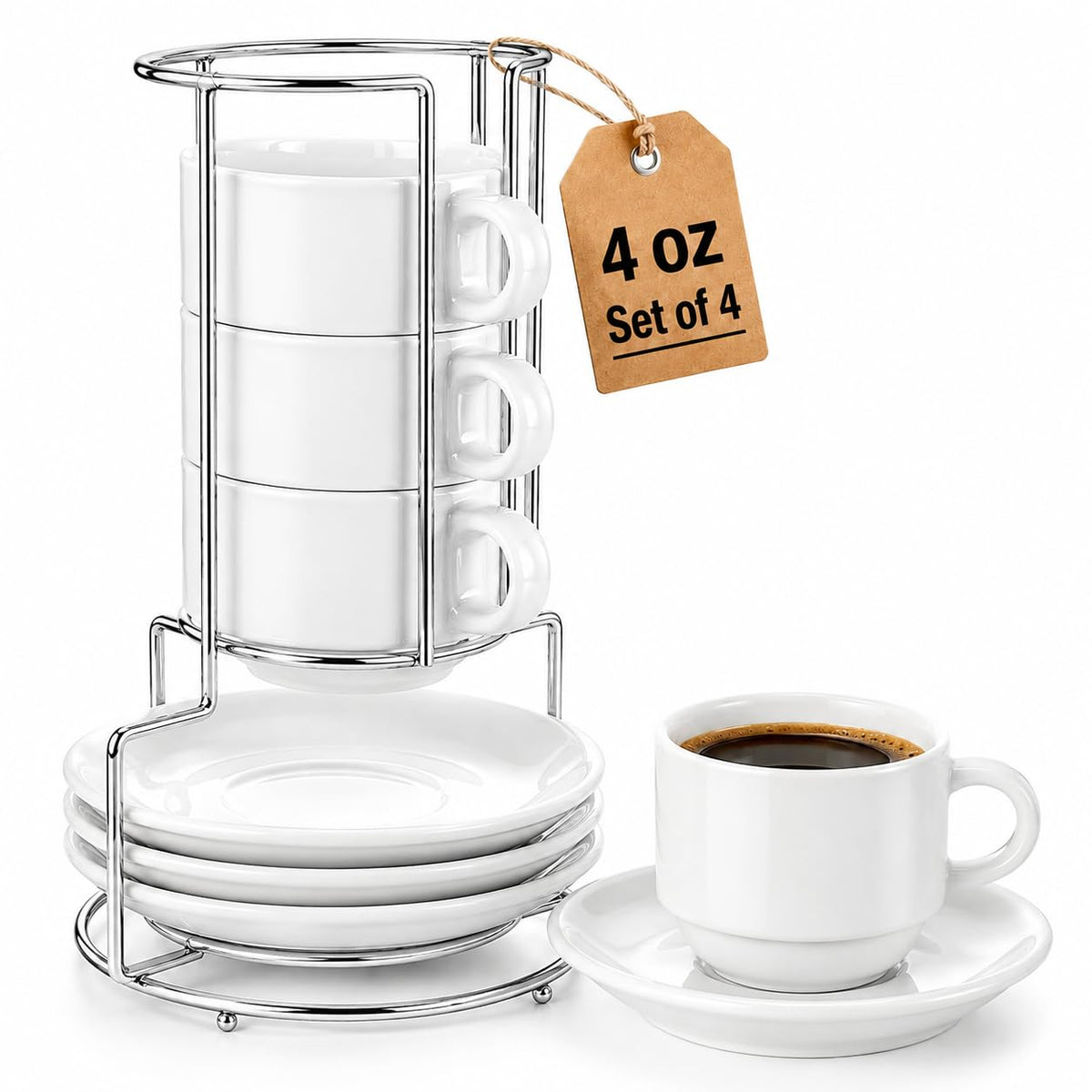 Yedio 4 oz Espresso Cups Set of 6 with Saucers, Spoons and Black Stand