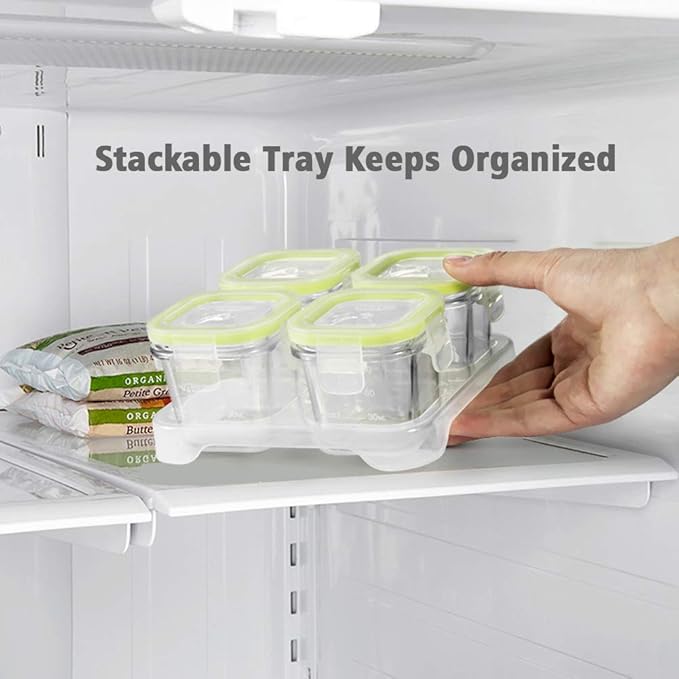 Matyz 4-Pack Glass Baby Food Containers with Airtight Lids and Stackable Tray (Mint Green, 3 OZ Each) - Glass Food Containers Freezer Safe for Baby Toddler - Stackable Baby Food Containers Glass