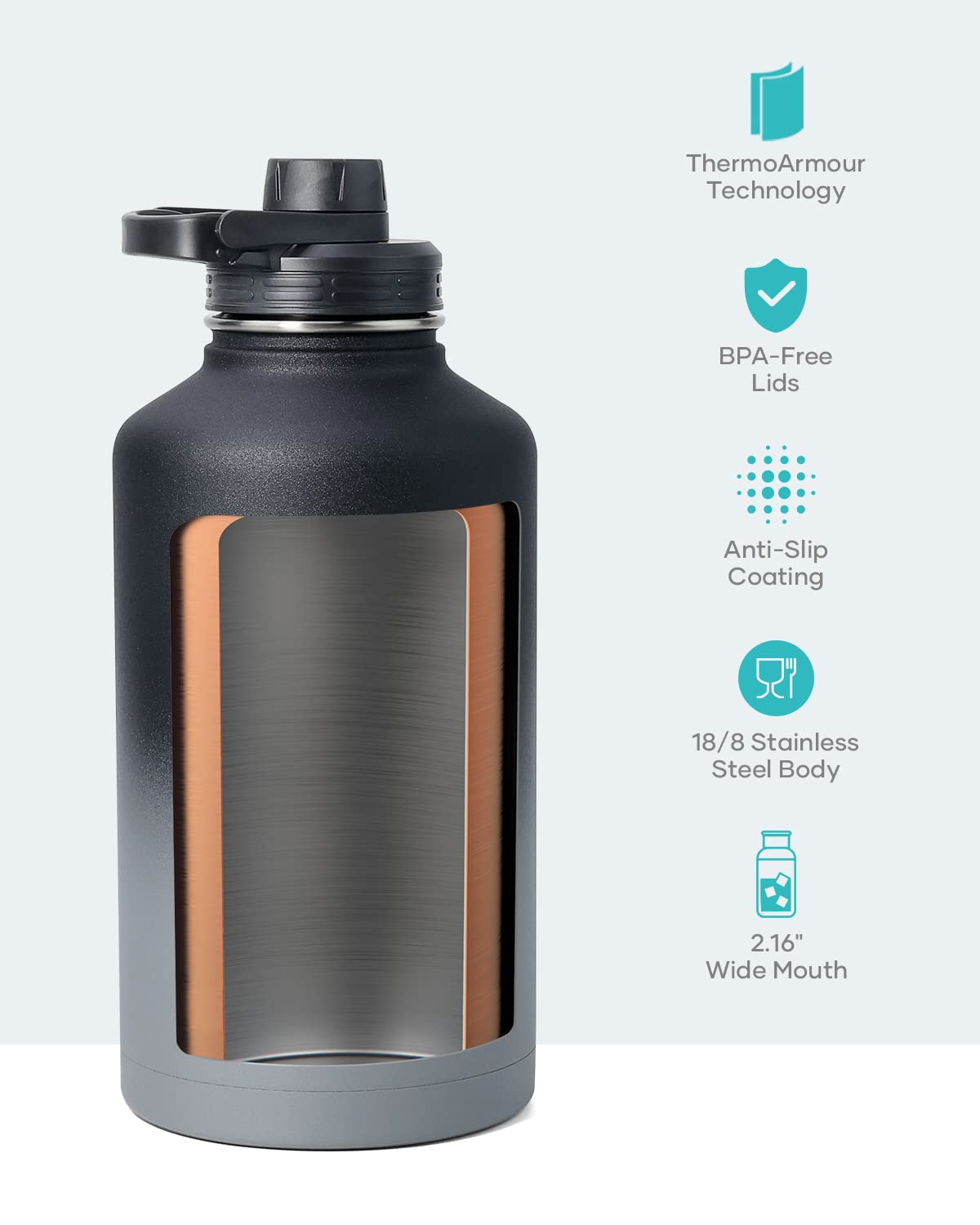 BUZIO Half Gallon Water Jug Insulated Stainless Steel (Cold for 48 Hrs)