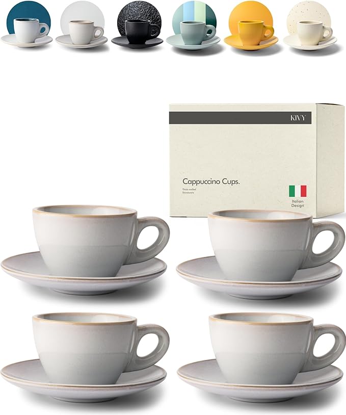 KIVY Cappuccino cups set [4x 8oz] - Thick-walled stoneware cappuccino cup set for latte art - Cappuccino coffee cups - Tazas de cafe - Latte cups - Ceramic latte art cup and saucer set of 4