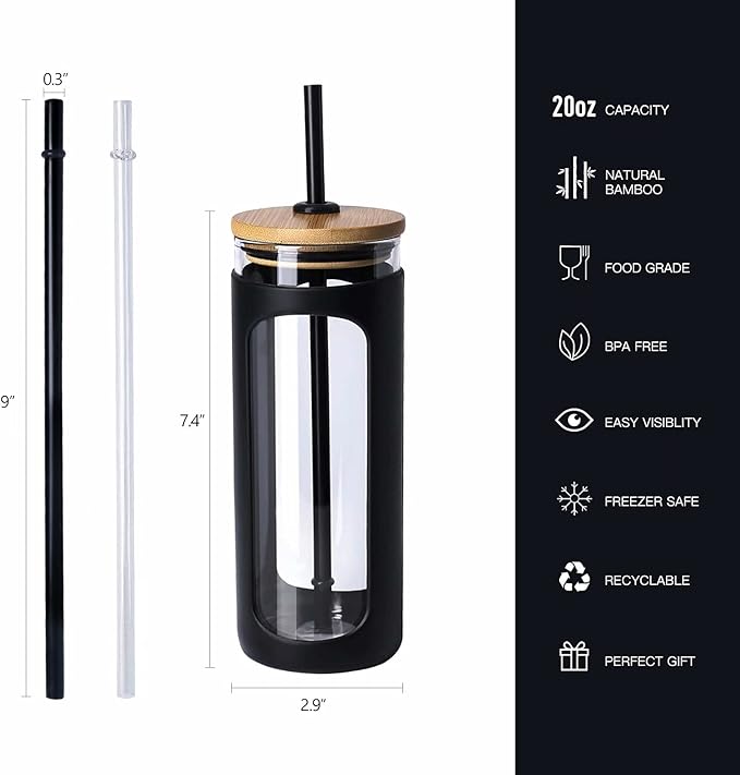 Kodrine 20oz Glass Tumbler with Straw and Lid, Bamboo Lids Water Bottle, Reusable Iced Coffee Cups, Wide Mouth Smoothie Cup with Protective Silicone Sleeve BPA FREE-Black-2pack