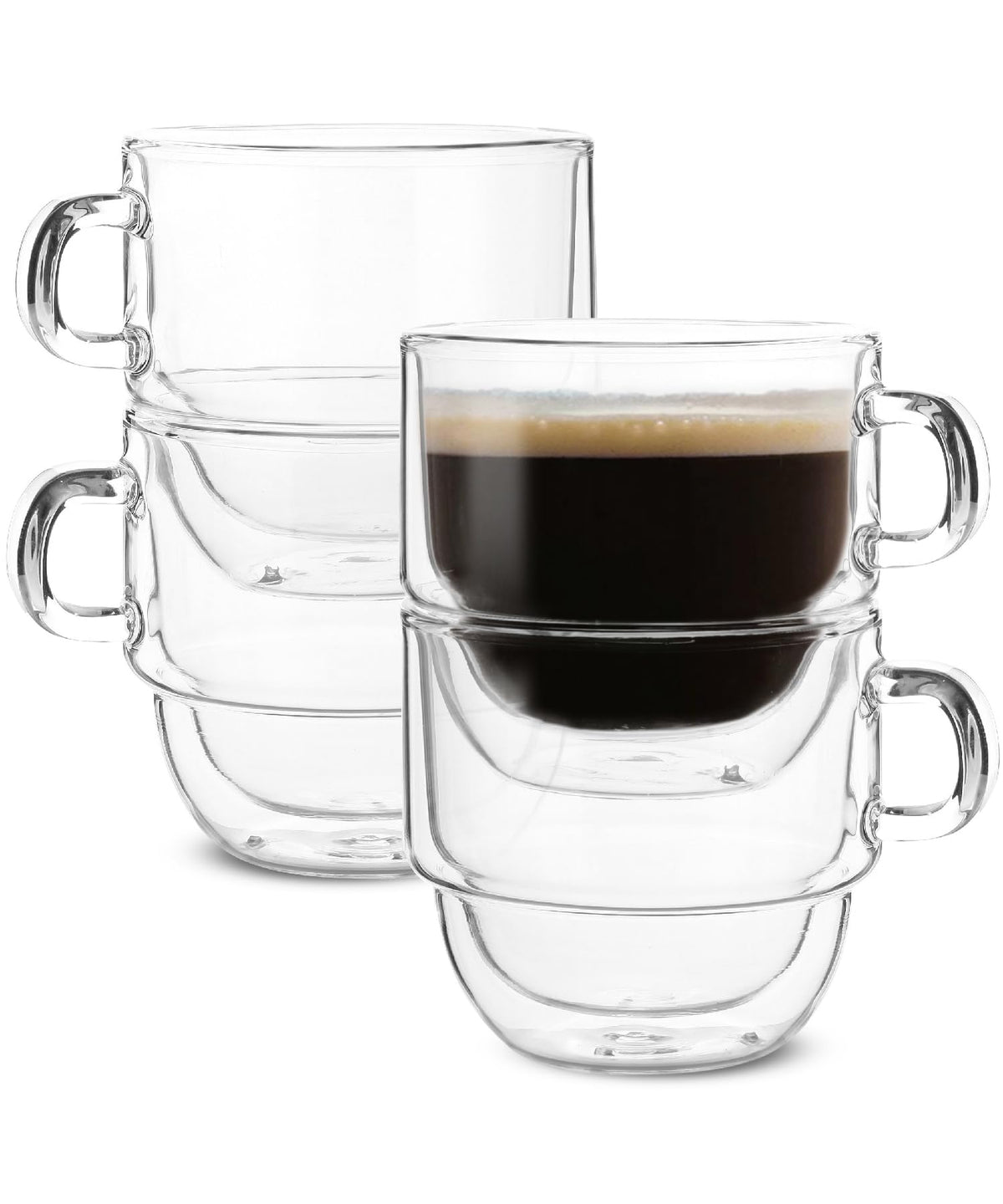 BTaT- Double Walled Stackable Glass Coffee Mugs, 8 oz, Set of 4, Glass Coffee Cups with Handle, Insulated Clear Coffee Mug for Hot and Cold Beverages, Cappuccino, Latte, Tea, Americano