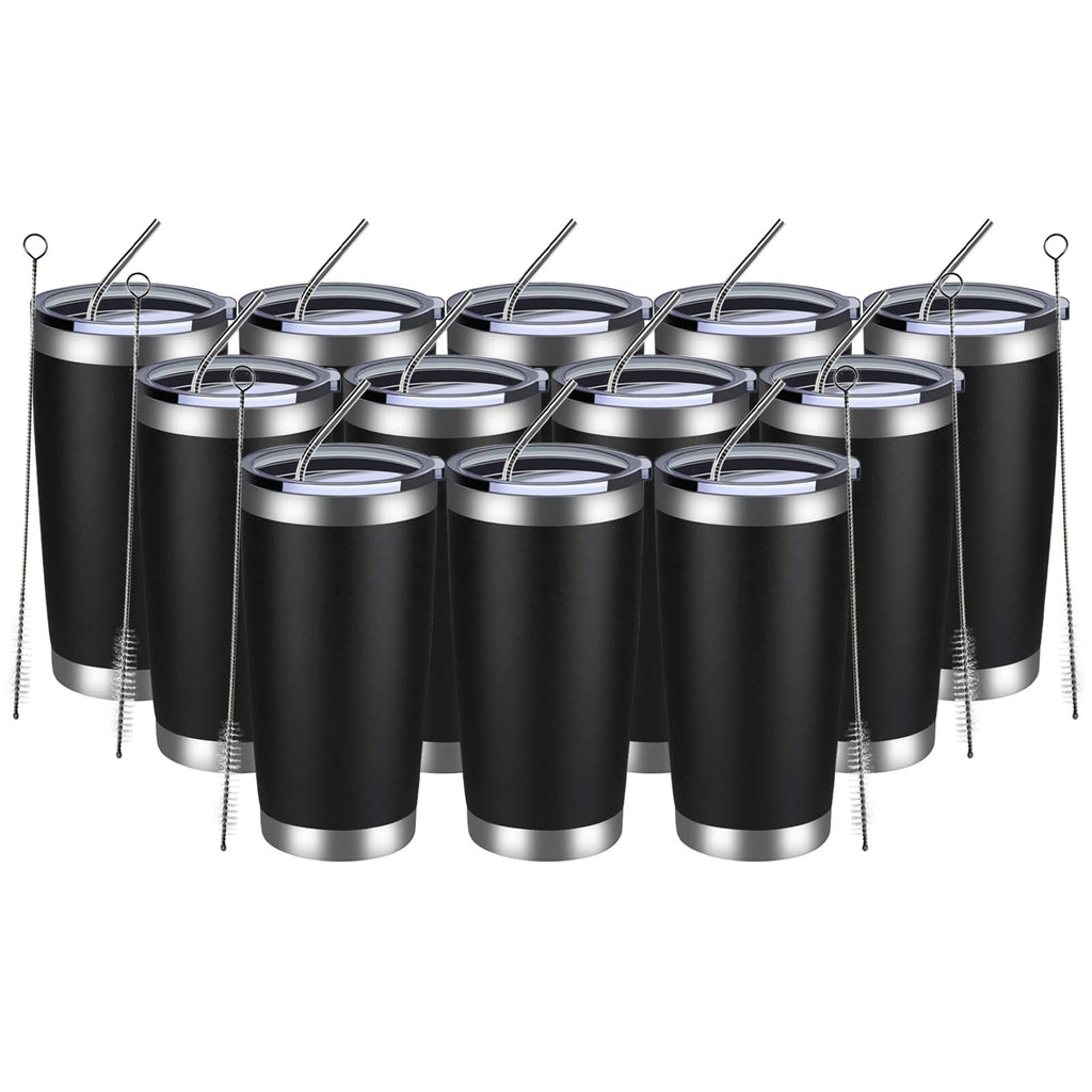 MEWAY 20oz Tumbler 12 Pack Double Wall Vacuum Insulated Travel Mug Bulk, Stainless Steel Tumblers with Lid and Straw, Durable Powder Coated Coffee Cups for Cold & Hot Drinks (Black, 12)