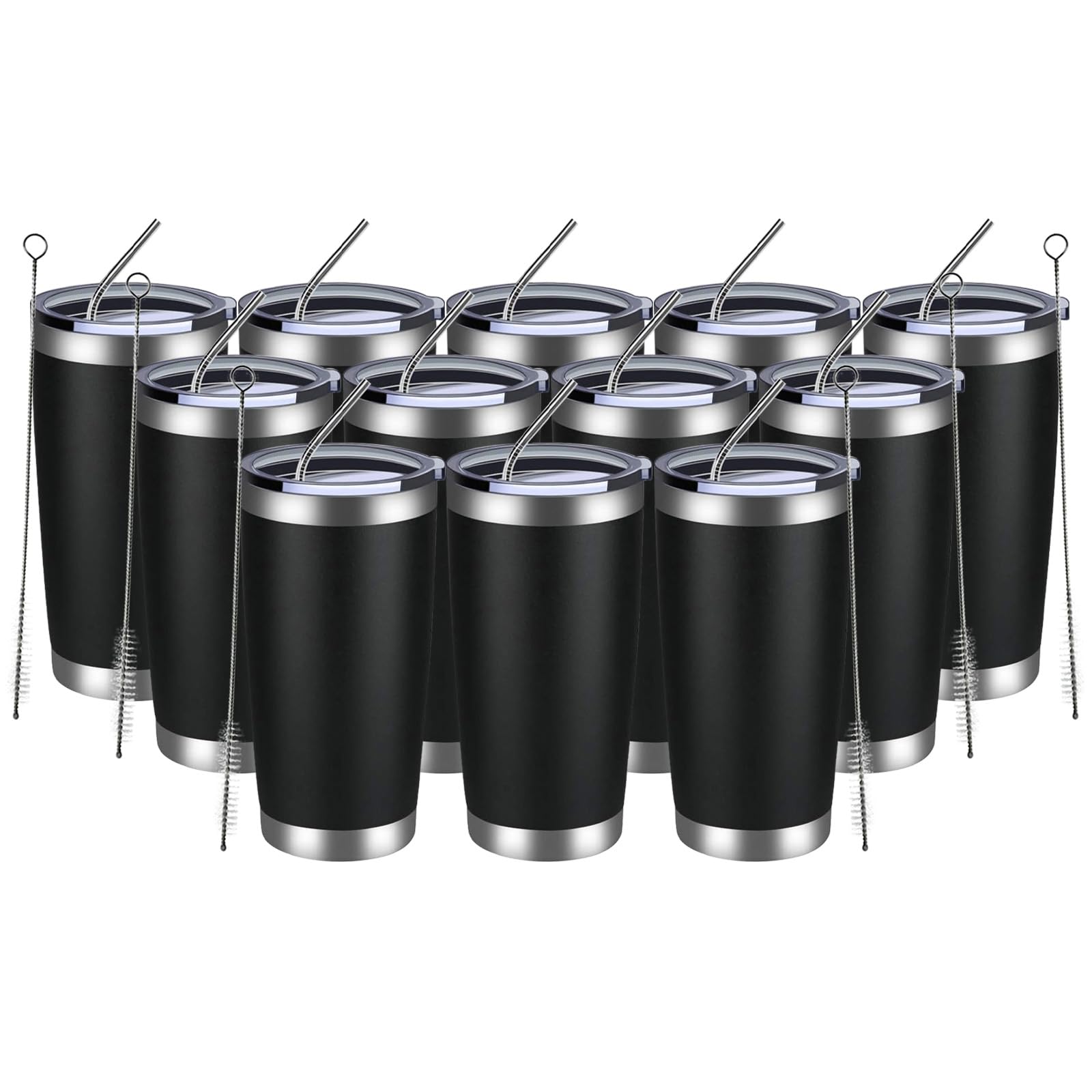 MEWAY 20oz Tumbler 12 Pack Double Wall Vacuum Insulated Travel Mug Bulk, Stainless Steel Tumblers with Lid and Straw, Durable Powder Coated Coffee Cups for Cold & Hot Drinks (Black, 12)