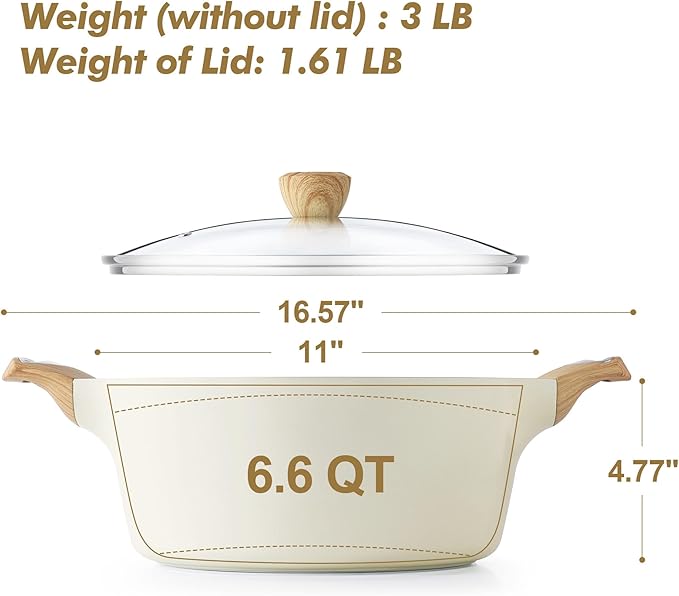 SENSARTE Ceramic Nonstick Stock Pot with Lid, 2.6/4.5/6.6 QT Soup Pot Casserole Pot, Non-toxic Healthy Pasta Pot, Large Cooking Pot Stew Pot, Induction Compatible, PFOA PFAS PTFE Free, White