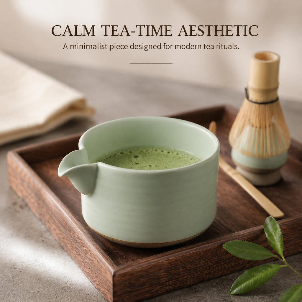 OUGETHER Matcha Traditional Porcelain Tea Bowl with Pour Spout - Hand Made Porcelain with Light Green Matte Glaze - Perfectly Whisked Matcha Green Tea, 430ml/ 14.5oz