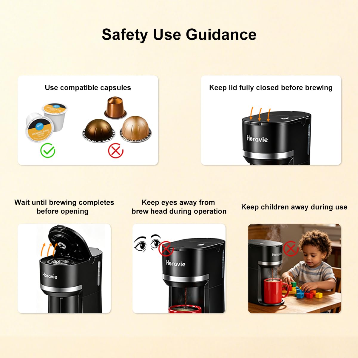 Horavie Small Single Serve Coffee Maker for K Cup and Grounds, Fast Brew One Cup Coffee Machine with One Button, 6 to 12 oz. Brew Sizes, Perfect for Home and Travel, Black