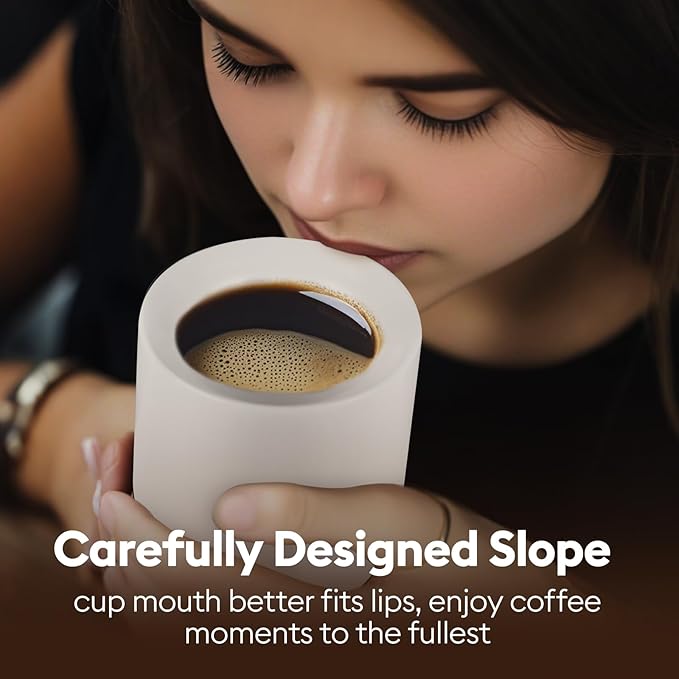 A set of 2 matte white ceramic espresso cups, thickened cup walls, slanted mouth design, each with a capacity of 3 ounces, hand washable only
