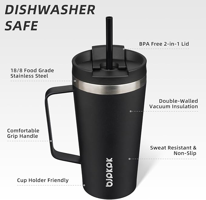 BJPKPK Insulated Tumbler with Handle, 18oz Insulated Tumblers with Lid and Straw, Stainless Steel Metal Water Bottles, Coffee Travel Mugs, Cups, Black