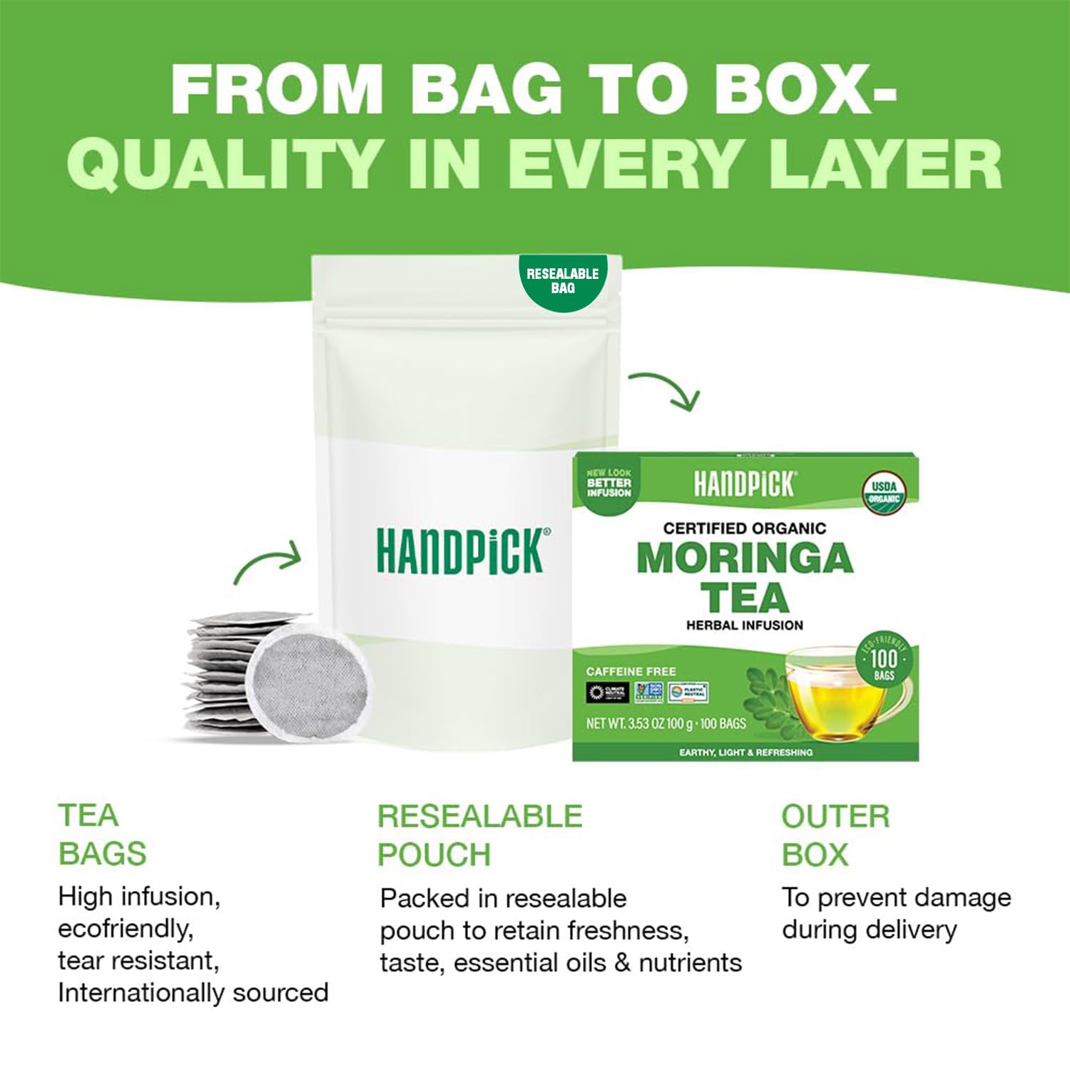 HANDPICK, Organic Moringa Tea Bags (100 Count), Pure Moringa Leaves | Authentic Indian Origin | Caffeine Free, Non GMO | Round Eco-conscious Teabags