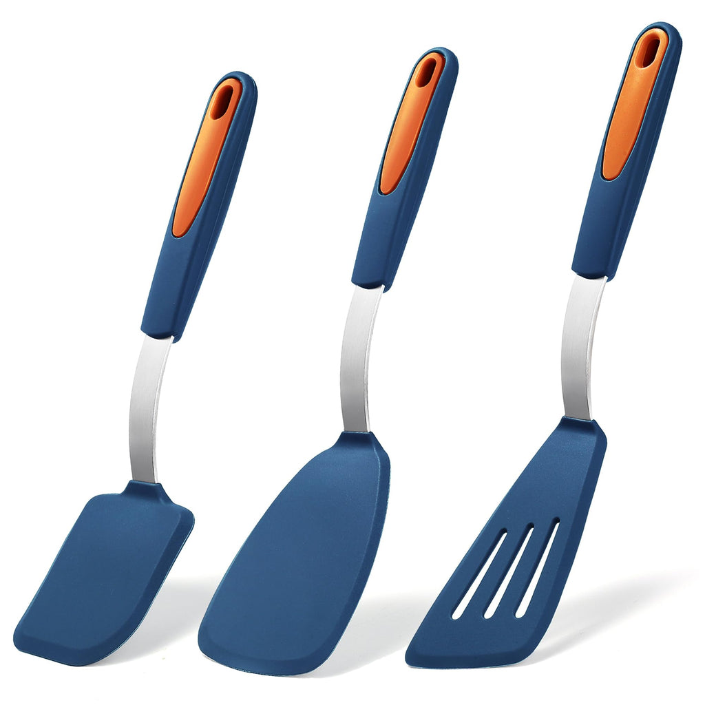 To encounter 3 Pieces Silicone Spatula Set, Heat Resistant Flexible Turner Spatulas, Nonstick Cookie Spatula, Fish Spatula, Dishwasher Safe, Navy Blue