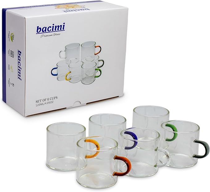 Bacimi® Clear Espresso Cups with Colorful Handles - Set of 6 / 4oz / 120ML - Borosilicate Glass Mugs for Cappuccino, Tea, Latte, & Hot Beverage - Mini Drinking Cups - Microwave Safe