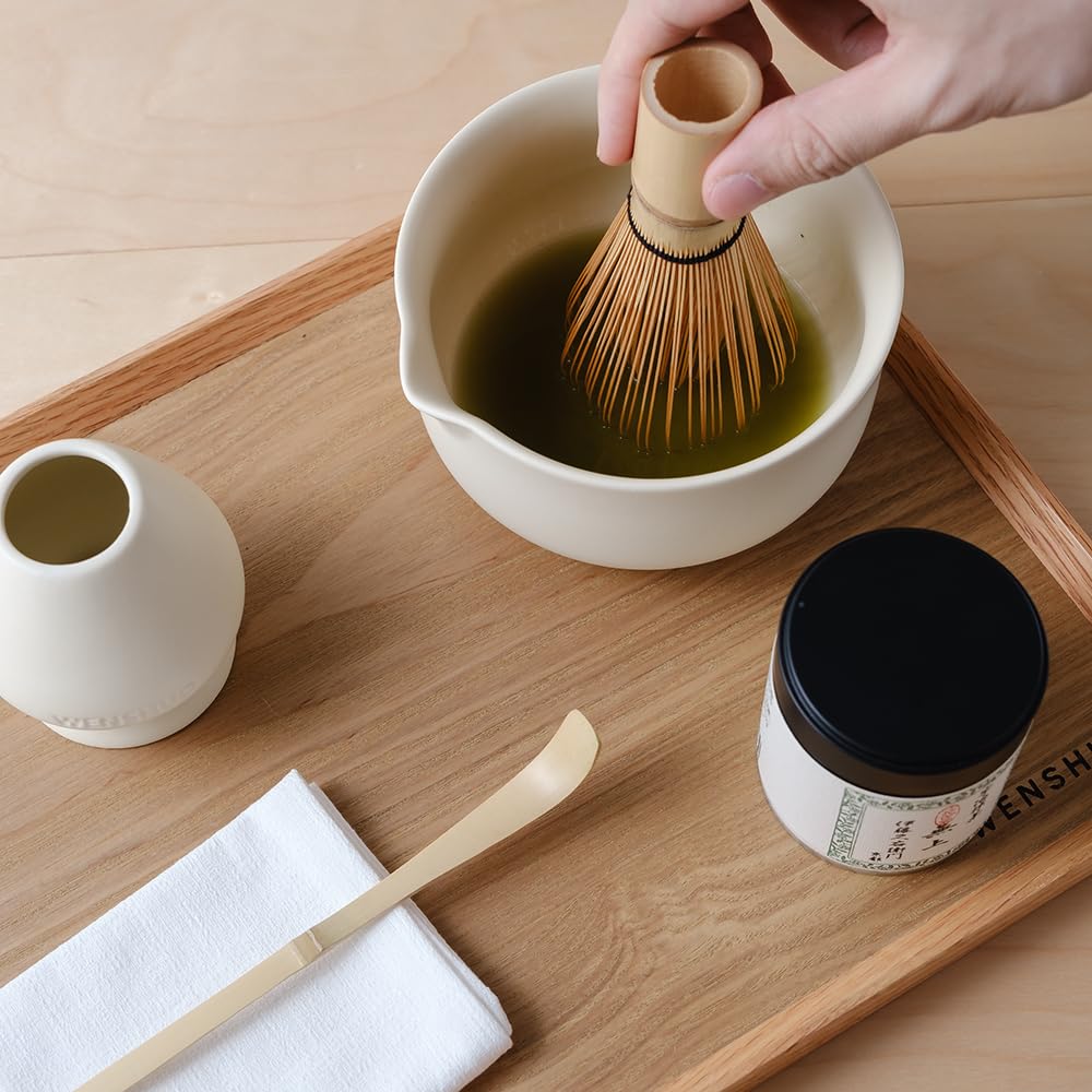 WENSHUO Matcha Whisk Set, Ceramic Matcha Bowl with Spout, Crème,6-Pc
