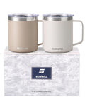 SUNWILL Travel Coffee Mug Set of 2, Insulated Tumbler with Lid, 14oz Stainless Steel Cup with Handle for Camping, Office, Home, Powder Coated Cream & Taupe