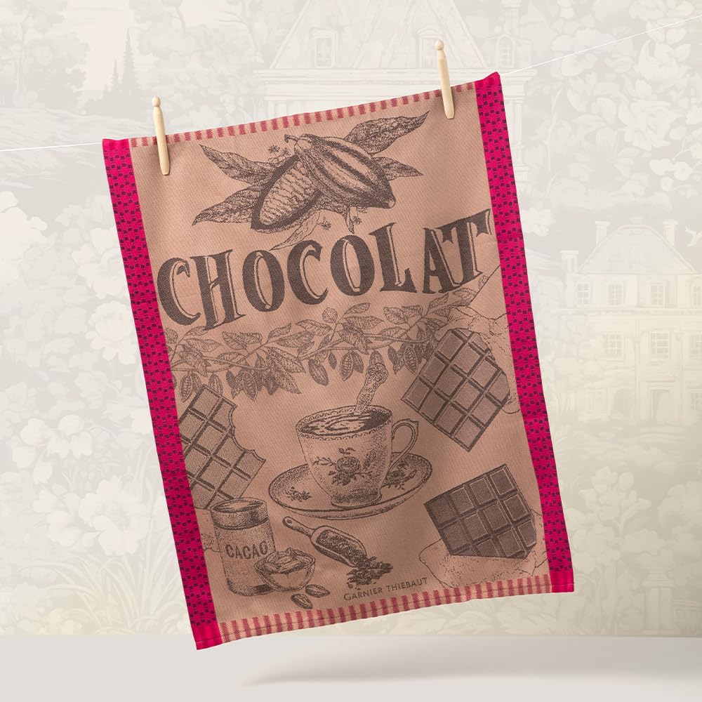 Garnier Thiebaut Tasse De Chocolat Fuchsia (Cup of Fuchsia Chocolate) French Kitchen Towel 22"x30", Cotton, Jacquard