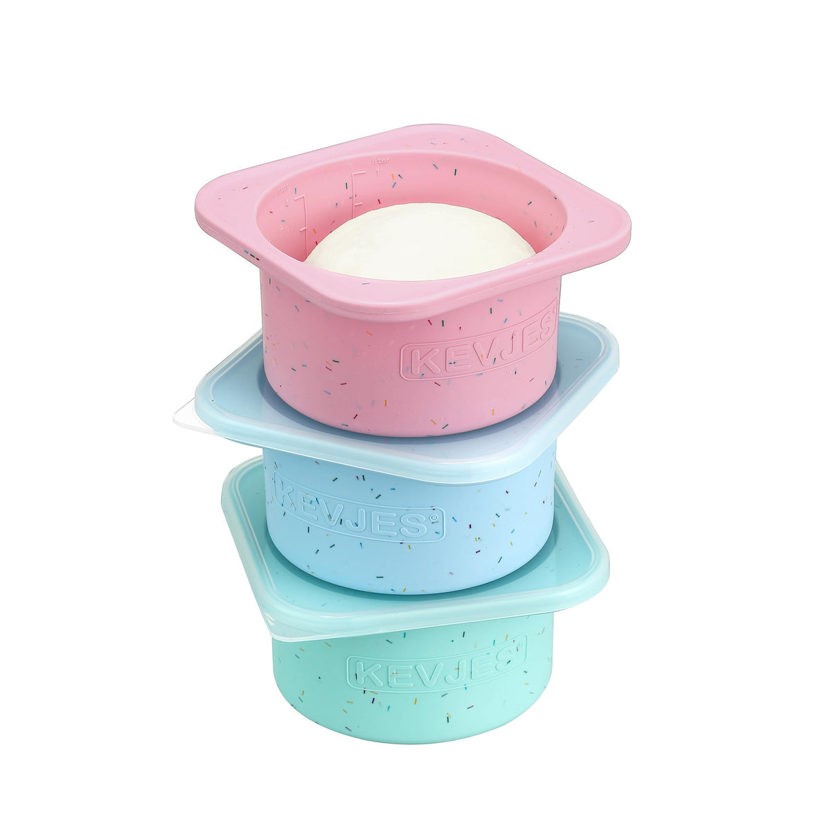 KEVJES PLUS 1000ml Pizza Dough Proofing Containers for DIY family Artisan Pizza, Food Grade Silicone Stackable Boxes with Lids, Freezer, Fridge, Dishwasher Safe-Sprinkles Pattern-3 Pack (Bondi Mint)