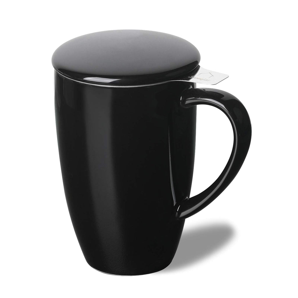 Sweejar Porcelain Tea Infuser Mug with Lid, 16 oz Teacup with Strainers for Loose Leaf Tea, Microwave and Dishwasher Safe Coffee Mug(Black)