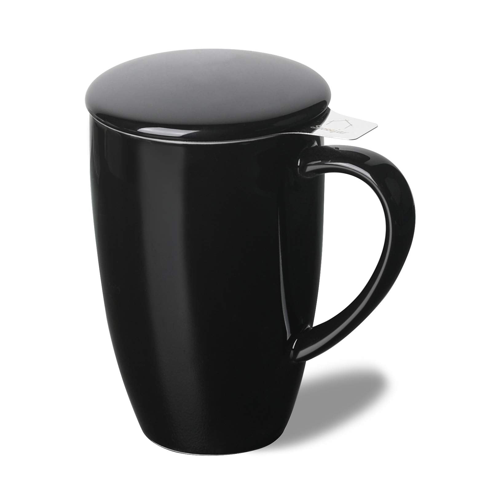 Sweejar Porcelain Tea Infuser Mug with Lid, 16 oz Teacup with Strainers for Loose Leaf Tea, Microwave and Dishwasher Safe Coffee Mug(Black)