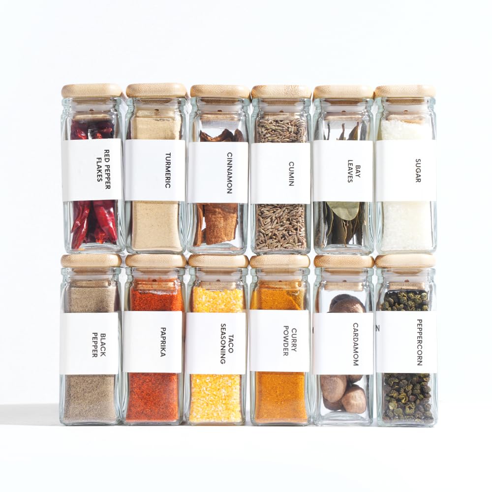 APT 1101 Glass Storage Jars with Bamboo Lid, glass canisters with airtight lids, Clear jars with lids for Spice, Cookie, Candy, Tea, Coffee Bean and Rice (White, 4oz, set of 12)