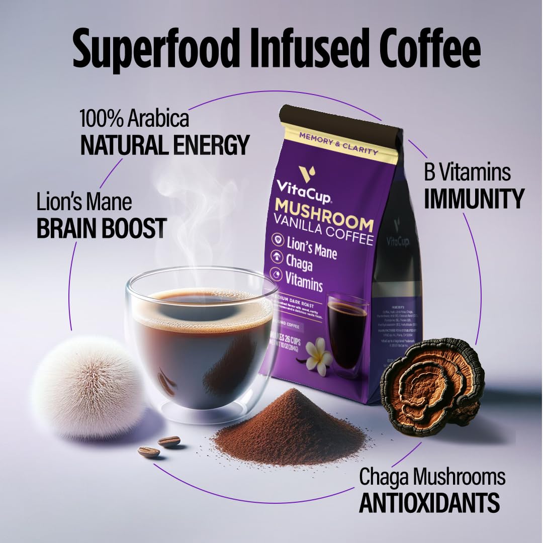 VitaCup Mushroom Vanilla Flavored Medium Roast Ground Coffee, 40oz, 4 Bags