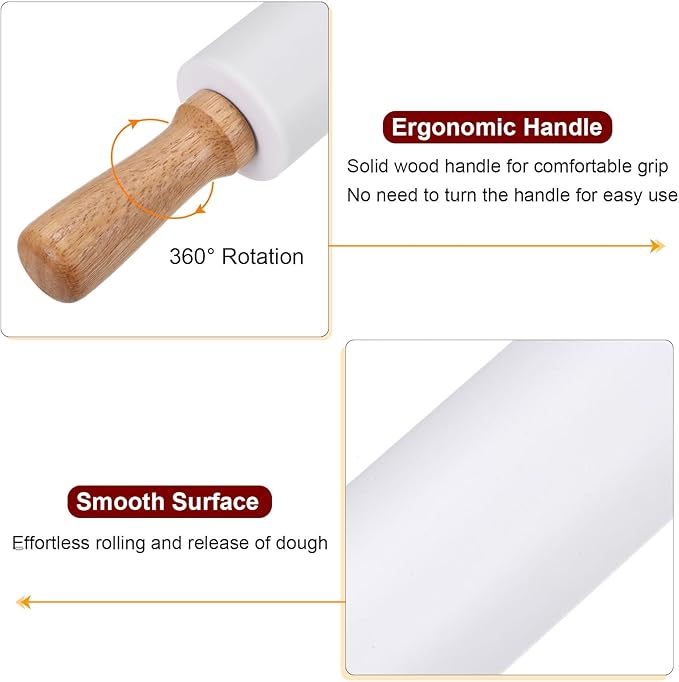 HARFINGTON Silicone Rolling Pins for Baking 16.93 Inch Non-Stick Silicone Surface Wooden Handle Rolling Pin Small Roller Playdough Rolling Pins for Fondant Kitchen Dough Pizza, White
