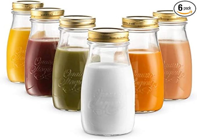 Bormioli Rocco Quattro Stagioni Small Bottles, Set of 6-6.75 Oz. Embossed Reusable Glass Jars with Airtight Lid, For Food Prep, Sauces, Gifts & Crafts - Round Bottle Containers, Made in Italy