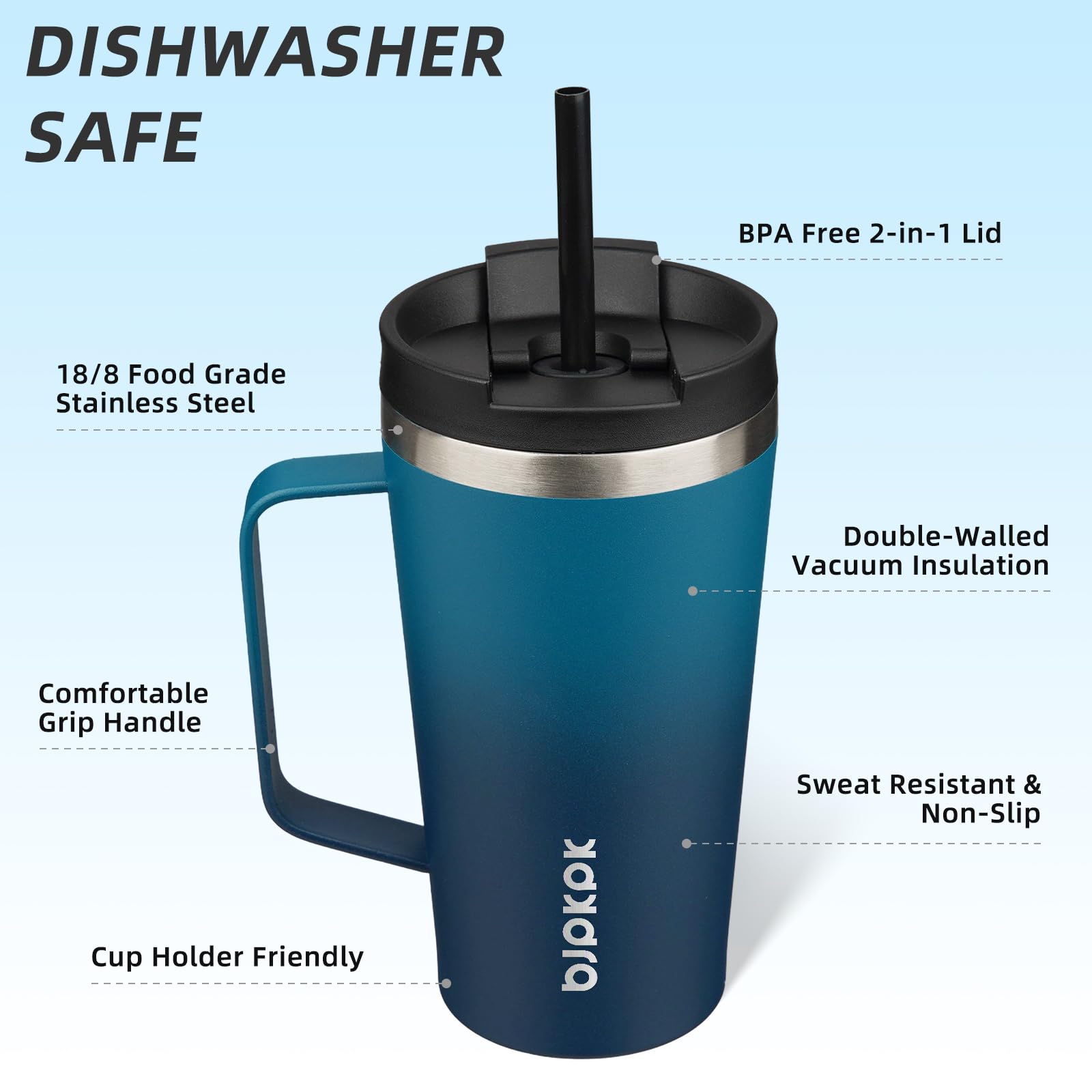 BJPKPK 18oz Insulated Tumbler with Handle, Lid & Straw, Stainless Steel