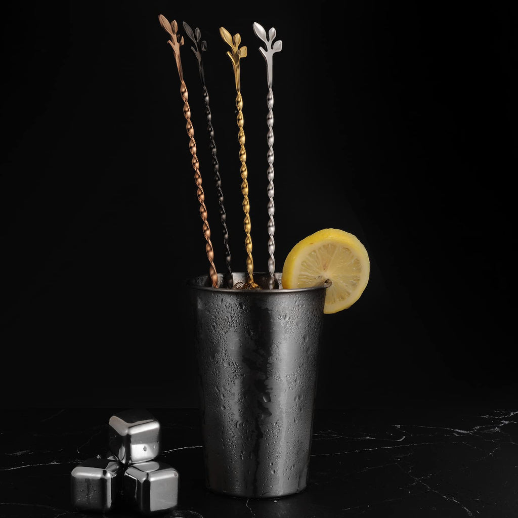 AnSaw Black 10-Inch Stainless Steel Cocktail Spoon with Leaf Handle
