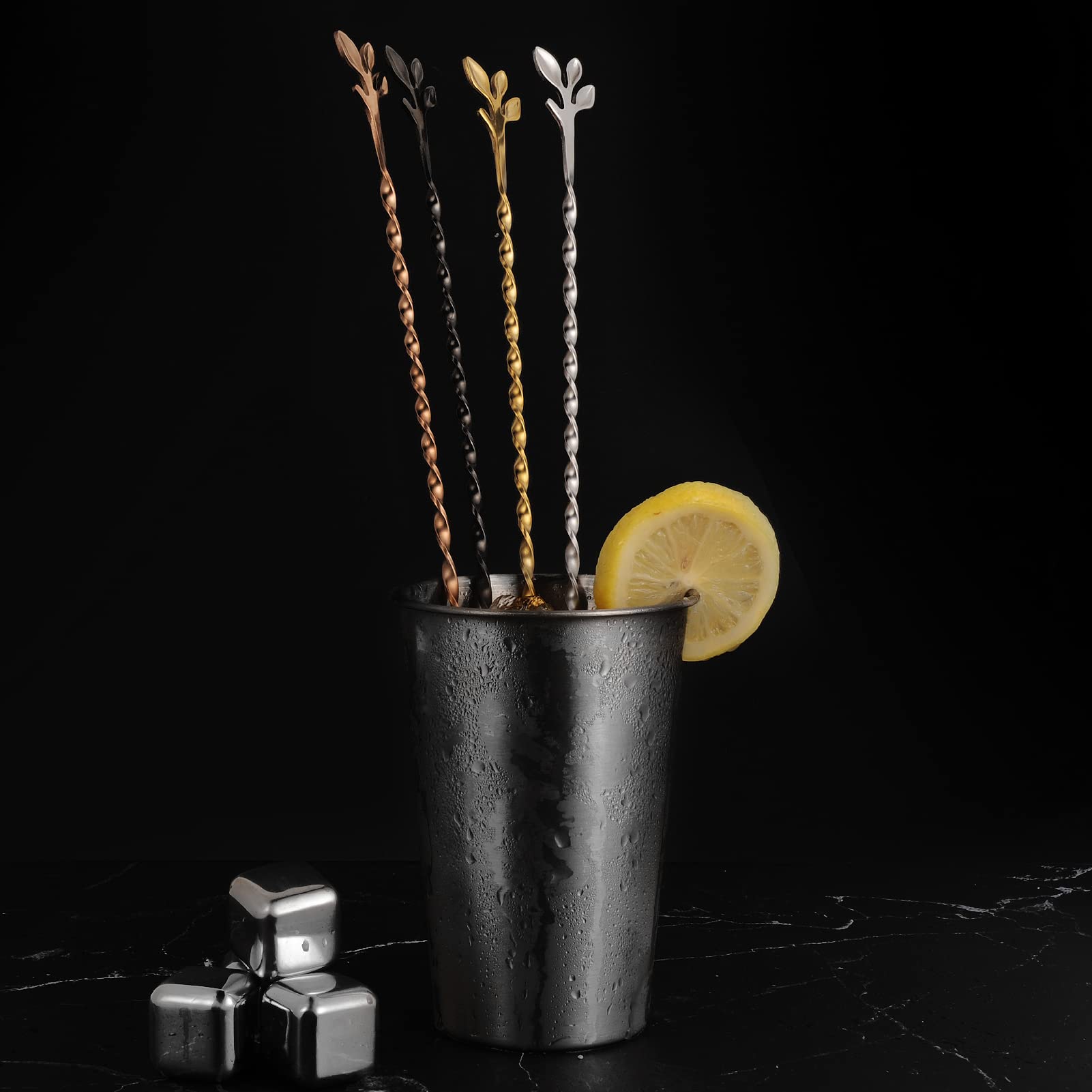 AnSaw Black 10-Inch Stainless Steel Cocktail Spoon with Leaf Handle