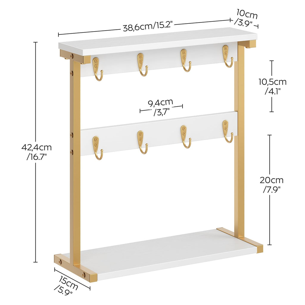 YATINEY Coffee Mug Holder for Counter, 2 Tier Mug Tree Rack, with 8 Hook and 2 Open Shelves, Vintage Mug Holder Stand for Home Kitchen, White and Gold MH43DW
