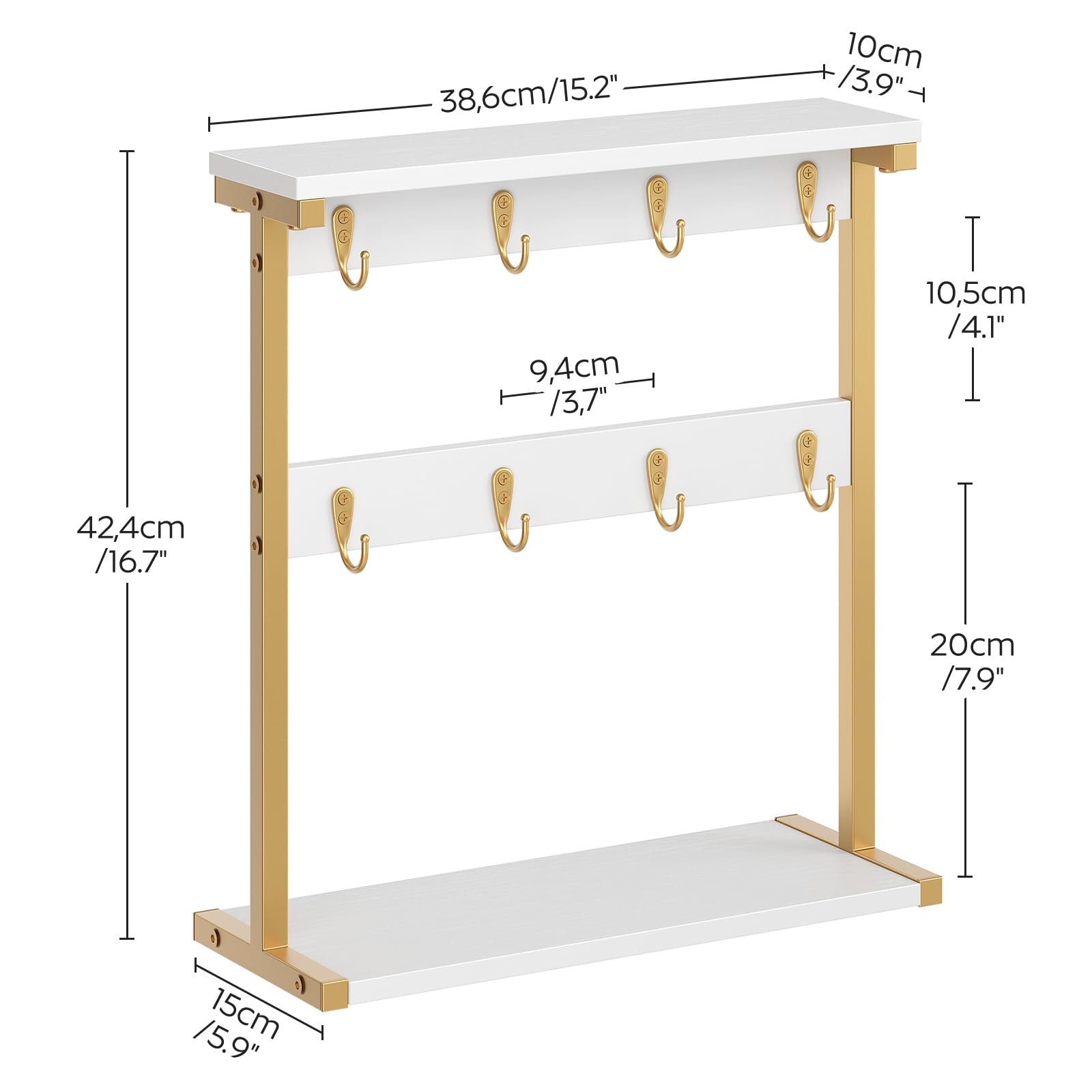 YATINEY Coffee Mug Holder for Counter, 2 Tier Mug Tree Rack, with 8 Hook and 2 Open Shelves, Vintage Mug Holder Stand for Home Kitchen, White and Gold MH43DW