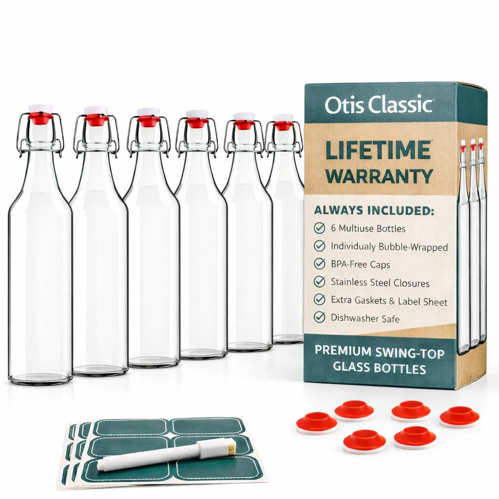 Otis Classic Clear Swing Top Glass Bottles, Plastic Caps, Set of 6, 16oz