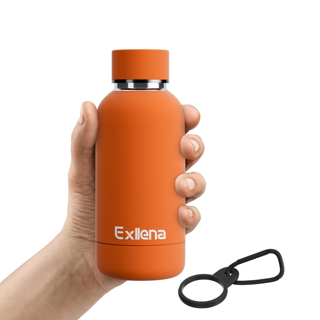 Exllena Small Water Bottle 12oz with Clip, Double Wall Stainless Steel Vacuum Small Insulated Water Bottle Keeps Drinks Cold 24 Hrs/Hot 12 Hrs for Kids Handbag School BPA Free (Bright Orange)