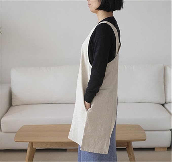 Cotton Linen Japanese Apron Halter Cross Back Bandage X Shape Aprons Two Pockets