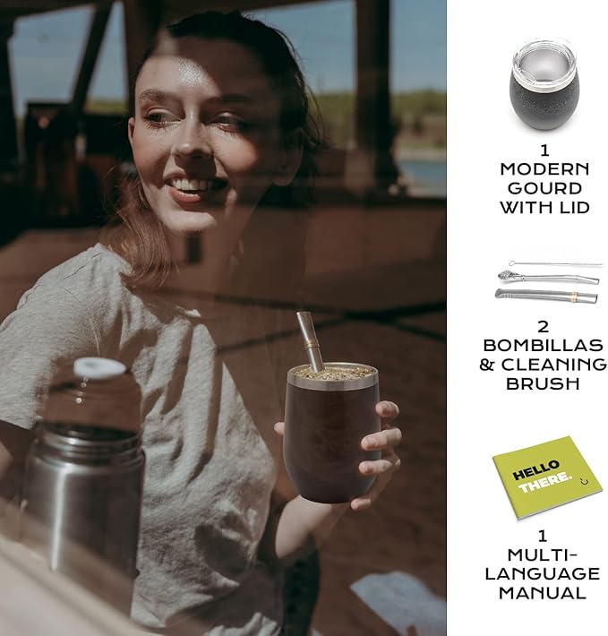 BALIBETOV 5 pcs large Yerba Mate Cup and Bombilla Kit, Includes one 8 oz Yerba Mate Gourd with Lid, Two Bombillas Mate Straw and one cleaning brush (Black, 8.00)