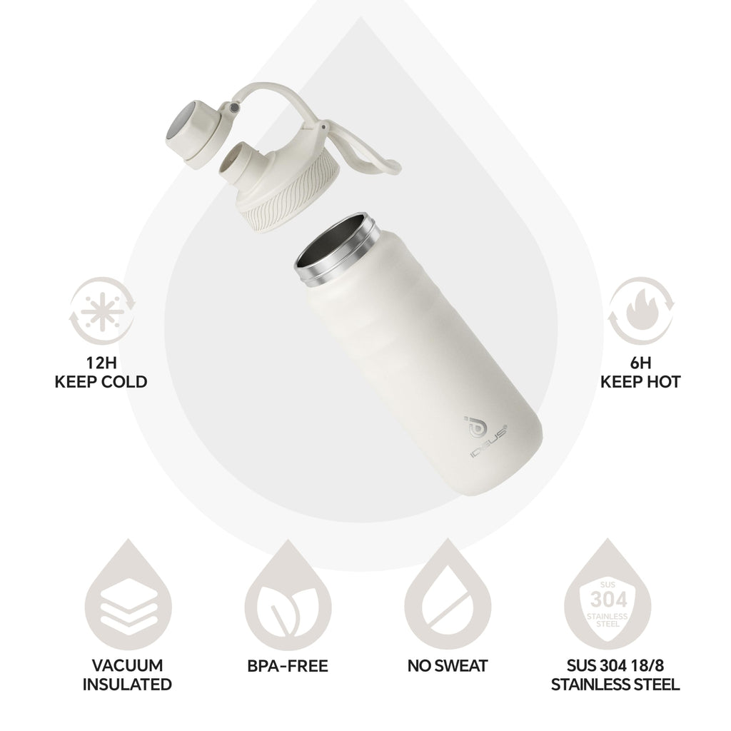 IDEUS 18oz Stainless Steel Insulated Bottle with 2 Leak-Proof Lids, White