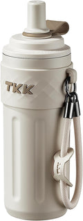 TKK 17 OZ Travel Tumbler Ceramic Lining with Straw Lid, Stainless Steel Vacuum Insulated Double Wall Coffee Tumbler, Leak Proof Iced Water Bottle with Carry Strap for Hot & Cold Drinks, Beige